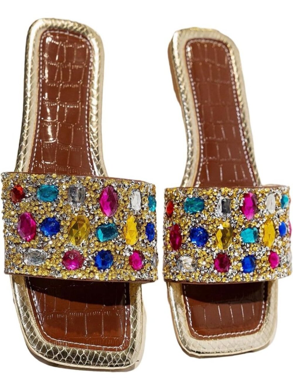 Women's Brown Rainbow Summer Sparkly Rhinestone Bling Colorful Square Toe Flats